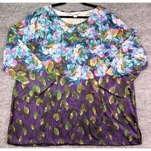 CJ Banks Women's 2X Purple Floral Print Long Sleeve Top Blouse Multicolor